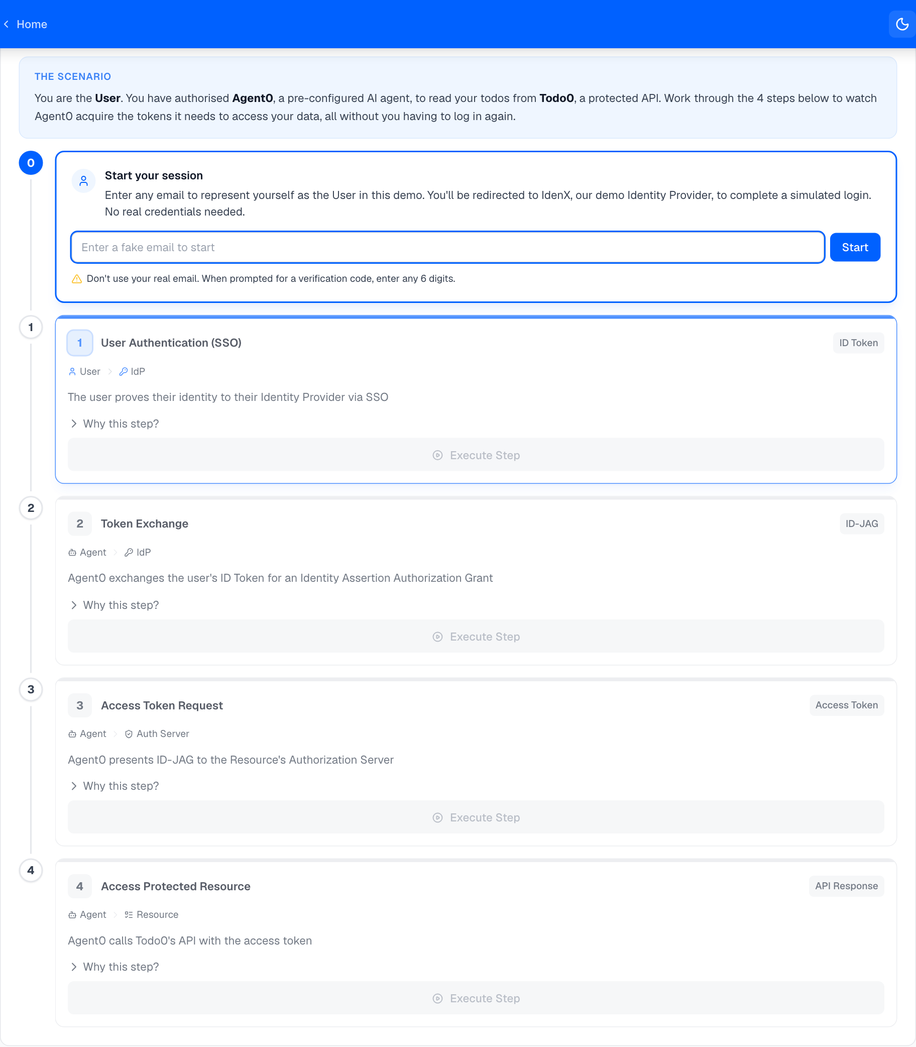 The Demo showing the XAA flow with a vertical timeline of four steps: User Authentication (SSO), Token Exchange, Access Token Request, and Access Protected Resource, each with an Execute Step button