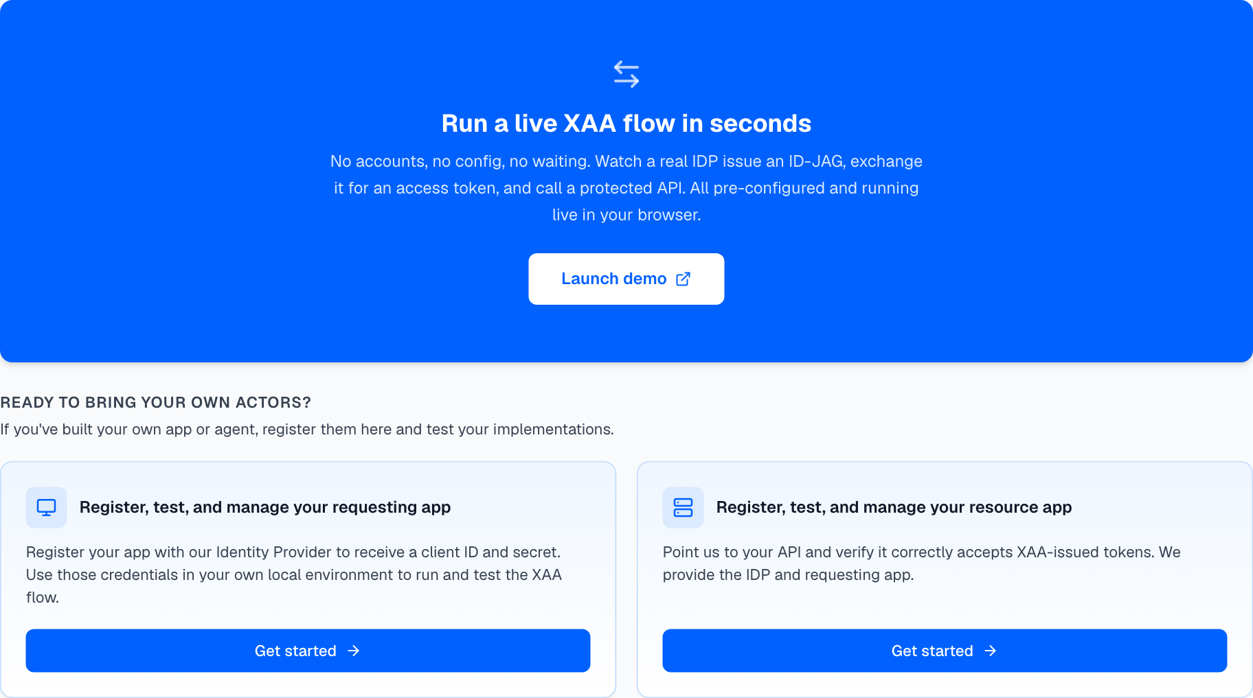 The XAA.dev home page showing a Launch Demo CTA and two Bring Your Own Actors cards: register and test your requesting app, and register and test your resource app