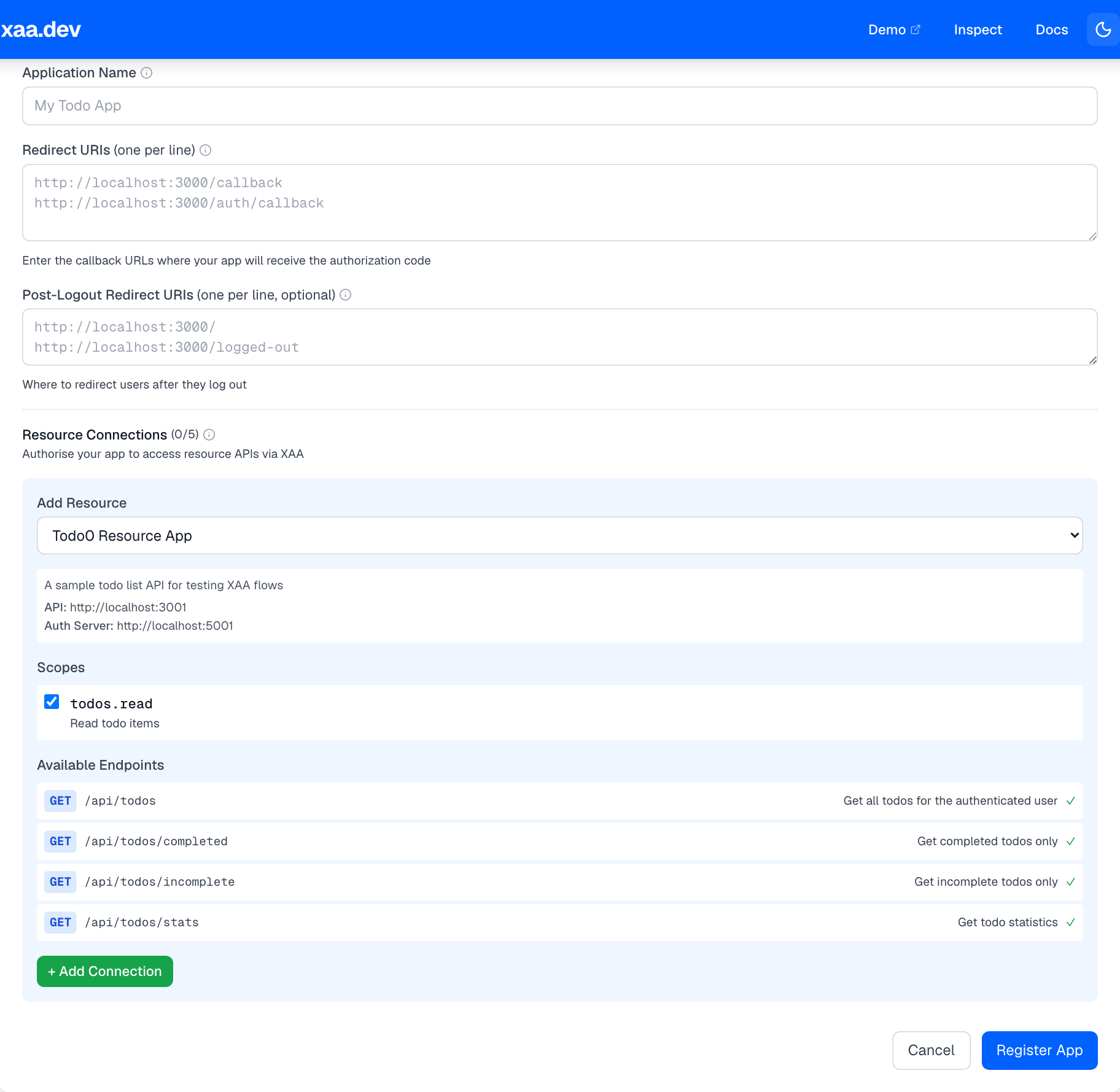 The Register New App form showing Application Name, Redirect URIs, Post-Logout Redirect URIs, Resource Connections with scope checkboxes, available endpoints, and an Add Connection button